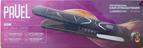 جعبه اتو مو حرفهای پاول PG-041HS با طراحی بنفش و تصویر دستگاه و عبارت Ionic Care و Keratin Care